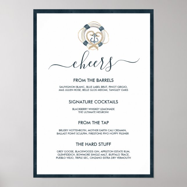 Póster Menú Boda blanco y de la Marina Náutica (Frente)