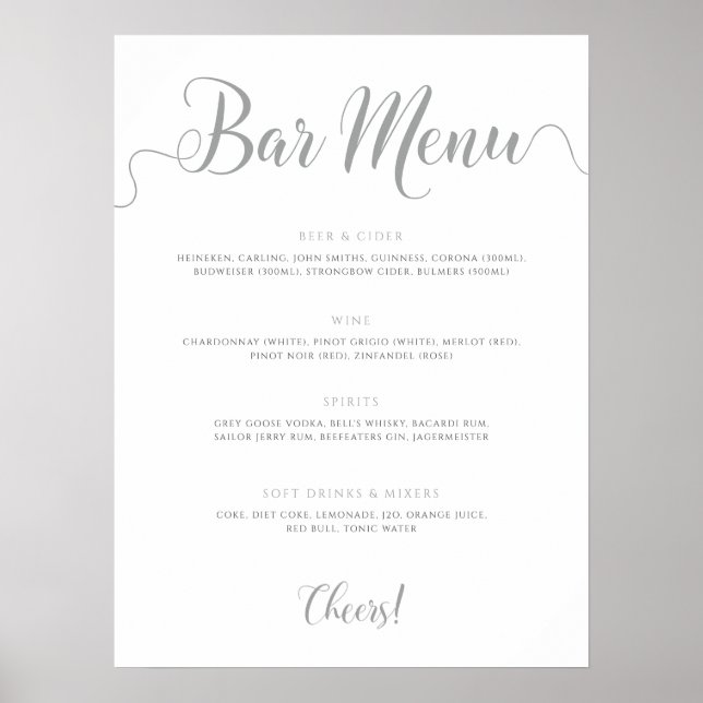 Póster Menú Boda de bebidas de barra plateada (Frente)