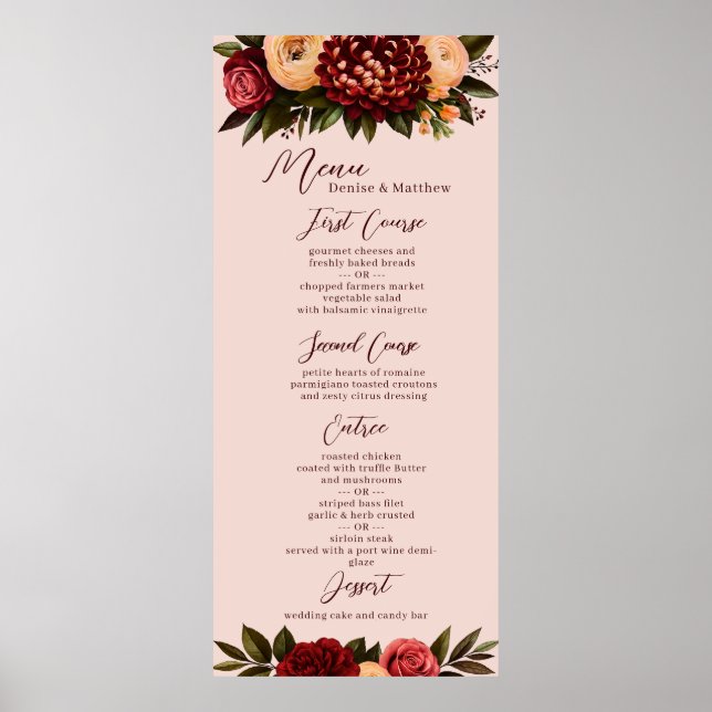 Póster Menú Boda de crisantemo Rubor & Burgundy (Frente)