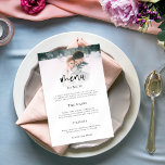 Póster Menú Boda de guión gráfico minimalista<br><div class="desc">Menú Boda de guiones de fotos minimalista. Un diseño elegante con tu foto en el borde superior detrás de una capa graduada de tintes con el texto parcialmente colocado sobre tu imagen en la parte inferior. El encabezado principal está en un guión en negrita y el resto del texto que...</div>