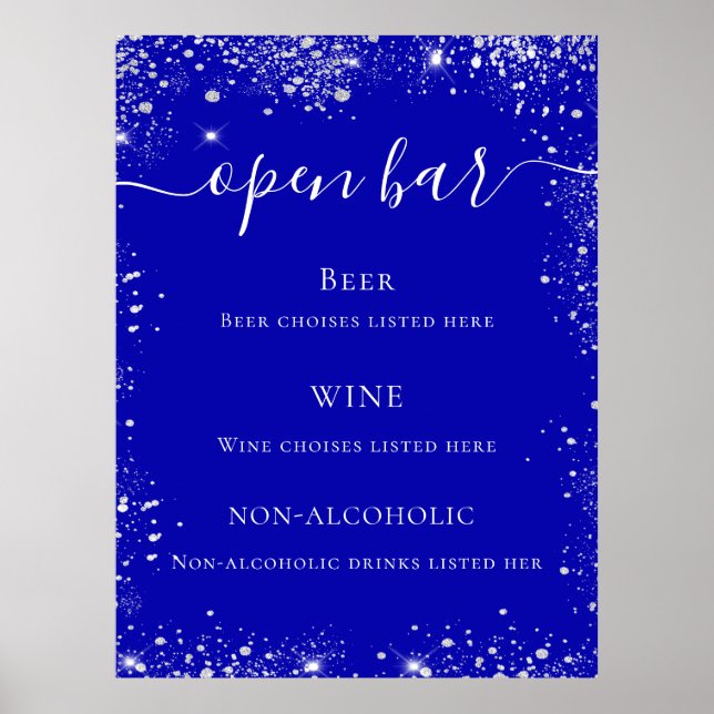 Póster Menú boda del purpurina azul real de plata (Frente)