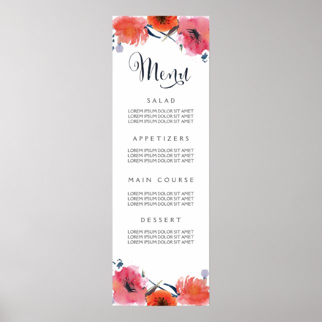 Póster Menú Boda floral acuarela marina (Frente)