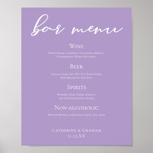 Póster Menú Boda Lilac Purple White Typography (Frente)
