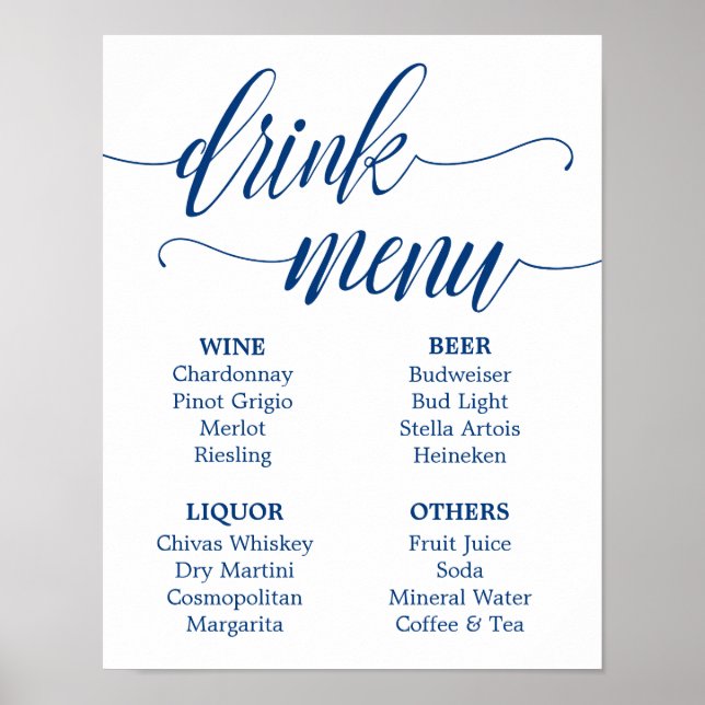 Póster Menú Boda Rótulo Marina caligrafía azul (Frente)