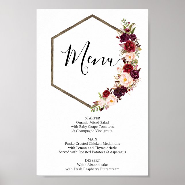 Póster Menú Boho Borgoña o Rótulo de menú de bar (Frente)