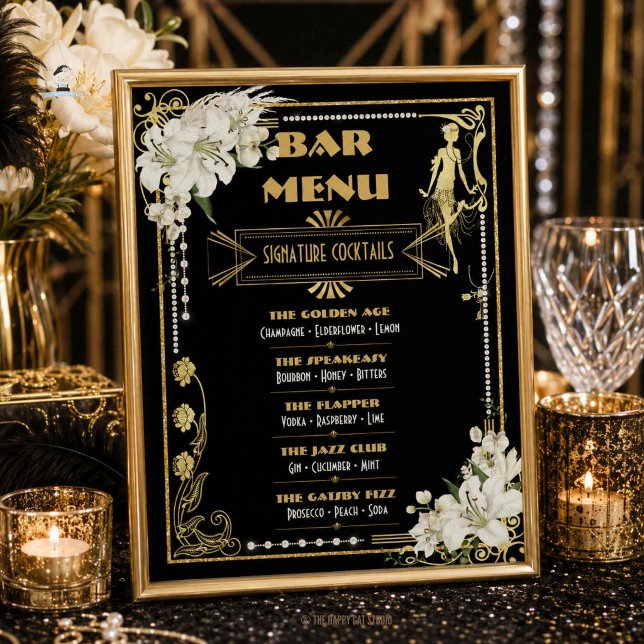 Póster Menú de Bar Art Deco Perlas Flores Blancas Gatsby  (Art Deco Pearls White Flowers Gatsby 20s Bar Menu Poster Printed and digital download)