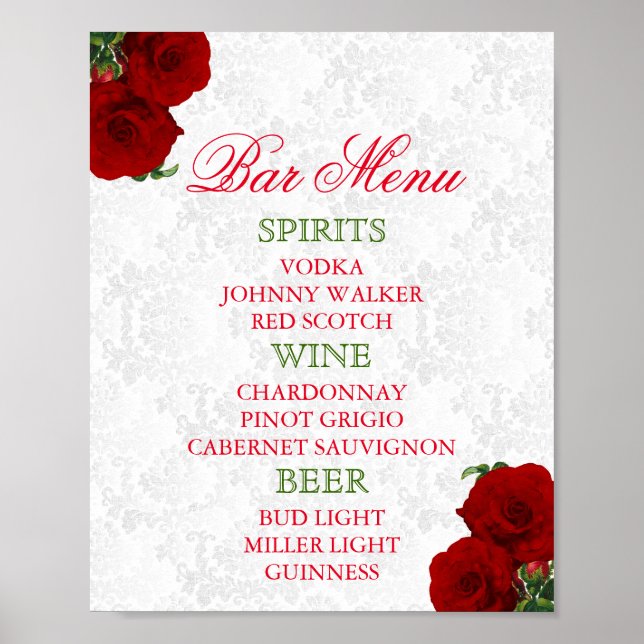 Póster Menú de Bar - Boda Floral Rosa Rojo Intenso (Frente)