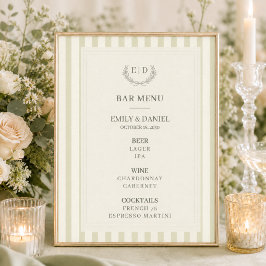 Póster Menú de Bar Bodas Monograma Rayado Verde Salvia