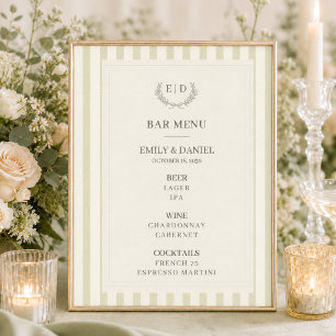 Póster Menú de Bar Bodas Monograma Rayado Verde Salvia