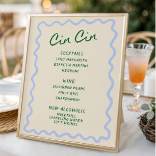 Póster Menú de Bar Cin Cin Azul Verde Amor en Flor