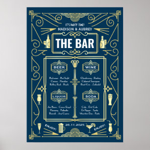 Póster Menú de Bar de Boda Art Deco Vino Cerveza Licor Fi