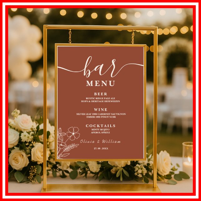 Póster Menú de Bar de Boda Boho Burnt Orange Wildflowers  (Subido por el creador)