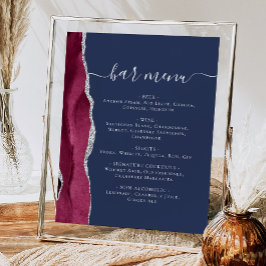 Póster Menú de Bar de Boda Borgoña Plata Ágata Azul Marin