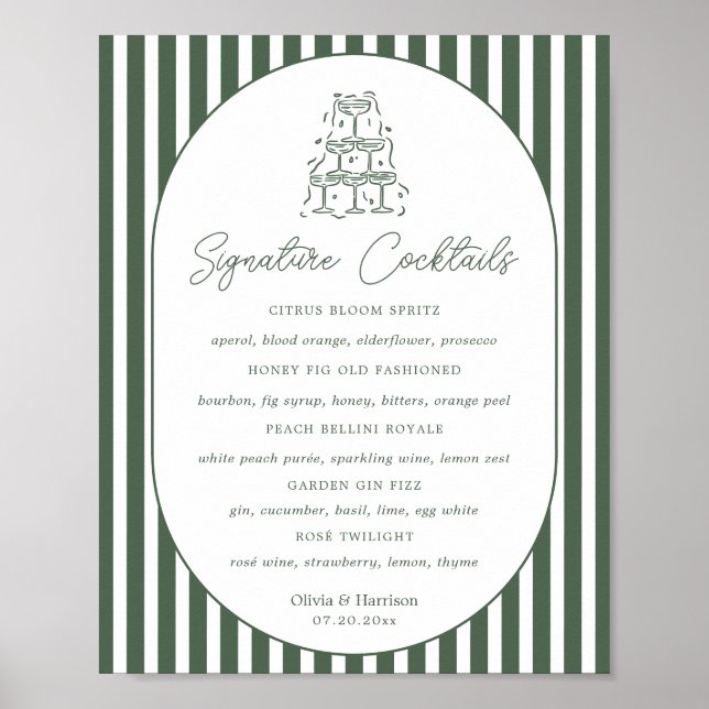 Póster Menú de Bar de Boda Cabana Preppy con Rayas Verdes (Frente)