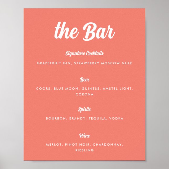 Póster Menú de Bar de Boda con Letra Moderna Rosa Coral (Frente)