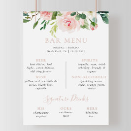 Póster Menú de Bar de Boda de Flores de Otoño en Rosa Dor