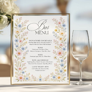 Póster Menú de Bar de Boda Floral Acuarela de Flor Silves