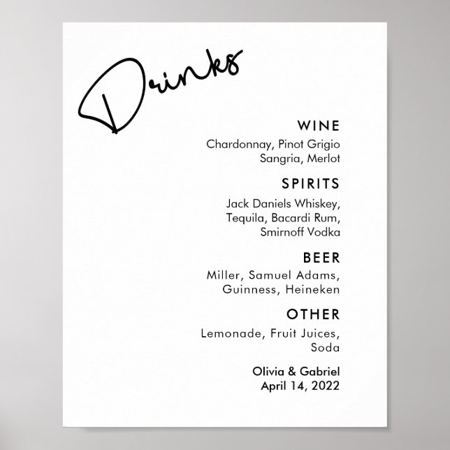 Póster Menú de bar de boda formal simple en blanco y negr (Frente)