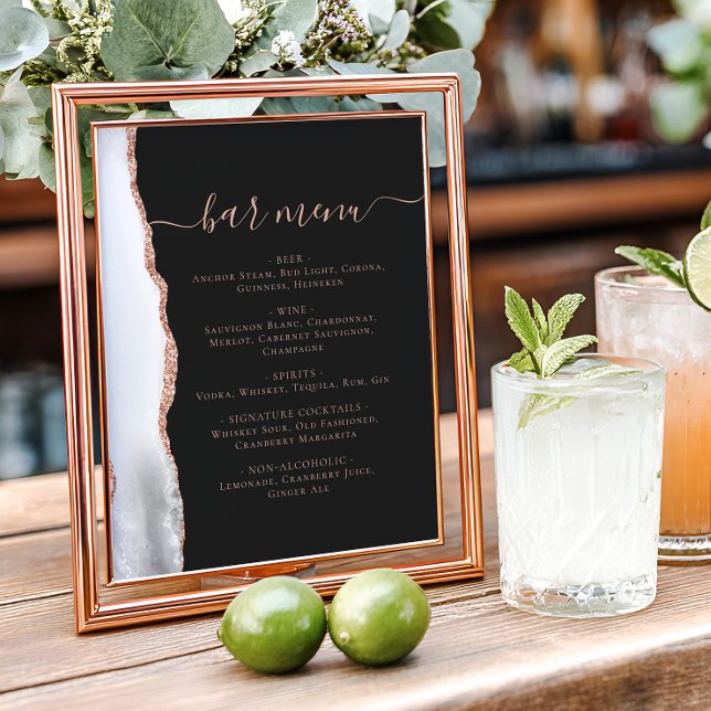 Póster Menú de Bar de Boda Gris Rosa Dorado Ágata Oscuro (Subido por el creador)