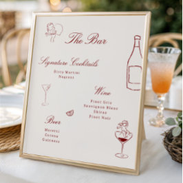 Póster Menú de Bar de Boda Ilustrado en Rojo Caprichoso