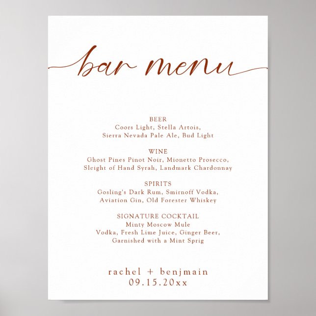 Póster Menú de Bar de Boda Terracota Óxido Otoño Minimali (Frente)