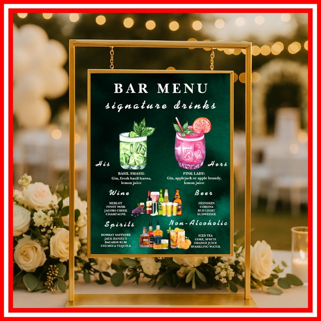 Póster Menú de Bar de Boda Verde Esmeralda (Subido por el creador)