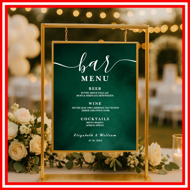 Póster Menú de Bar de Boda Verde Esmeralda (Subido por el creador)