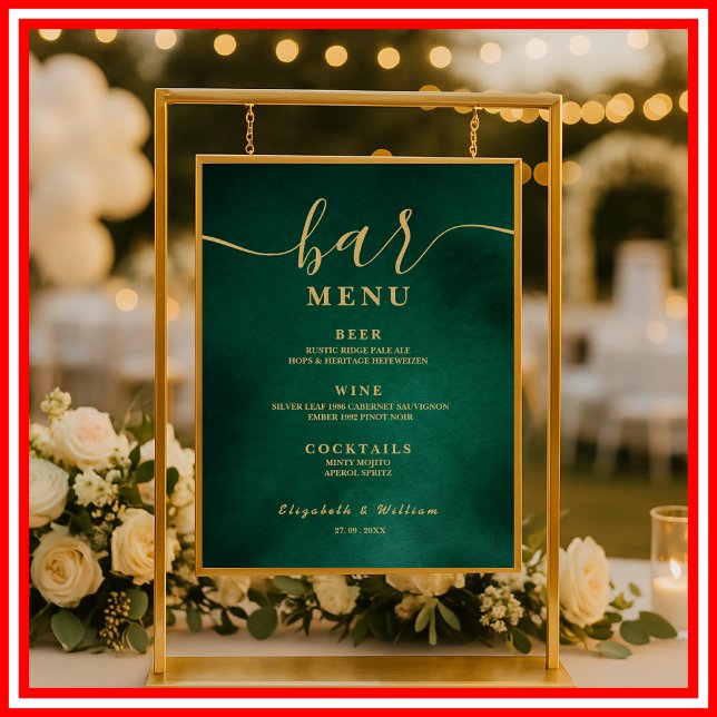 Póster Menú de Bar de Boda Verde Esmeralda y Dorado (Subido por el creador)