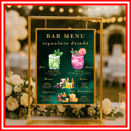 Póster Menú de Bar de Boda Verde Esmeralda y Dorado