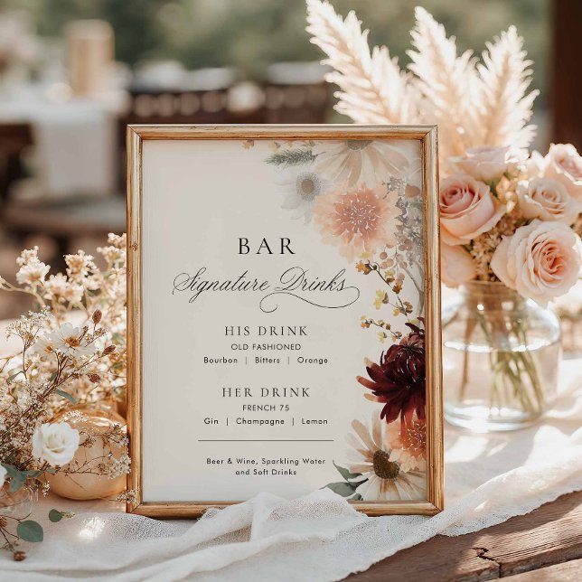 Póster Menú de Bar de Firma de Boda Floral de Otoño Borgo (Elegant Burgundy Fall Floral Signature Drinks Menu Sign)