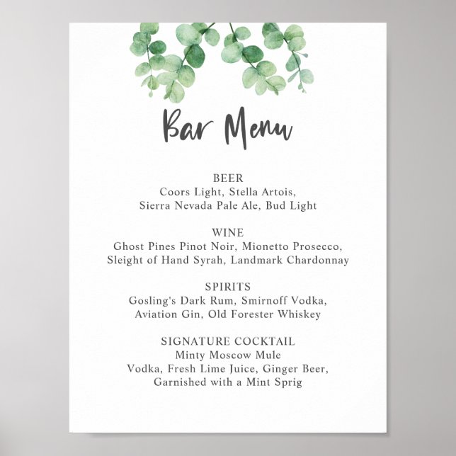 Póster Menú de Bar Eucalipto Boda Botánica Verde (Frente)