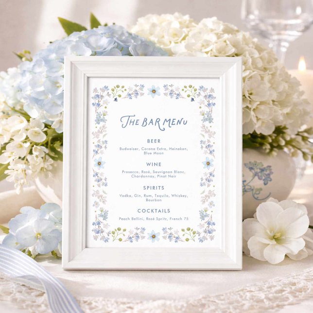 Póster Menú de Bar para Bridal Shower Floral Azul (Garden Blue Floral Bridal shower Bar menu
)