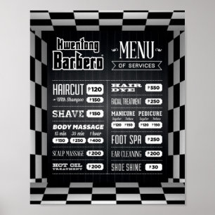 Póster Menú de barbero blanco y negro