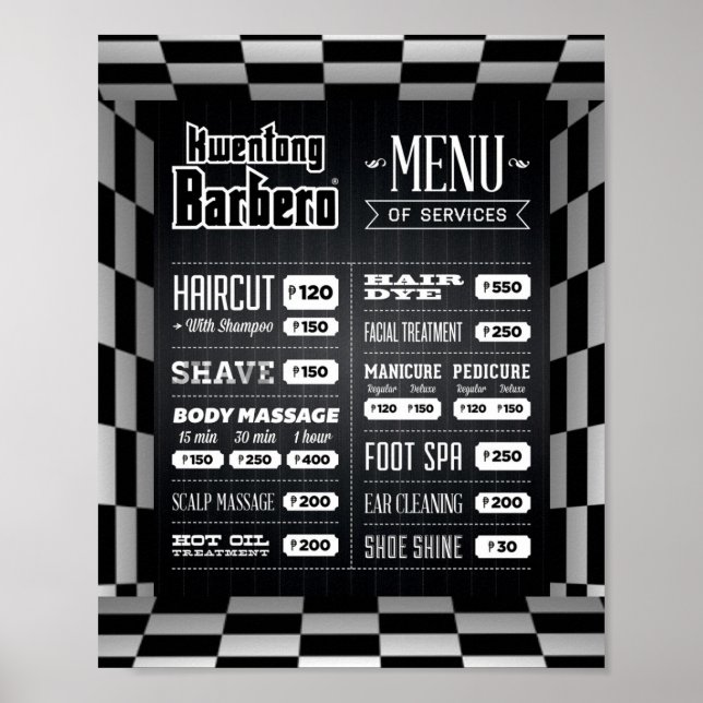 Póster Menú de barbero blanco y negro (Frente)