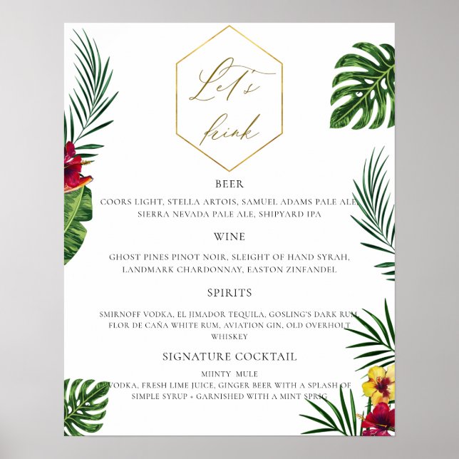 Póster Menú de barra Boda tropical (Frente)