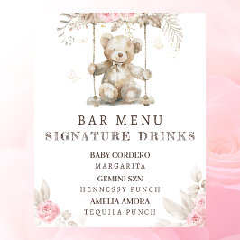 Póster Menú de barra de Baby Shower de Teddy Bear Floral 