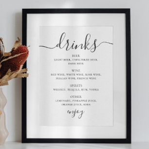 Póster Menú de barra de bebidas de boda con guión en blan
