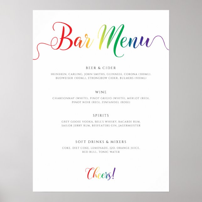 Póster Menú de barra de Boda arcoiris (Frente)