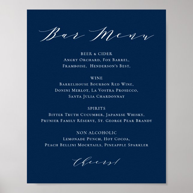 Póster Menú de barra de boda azul marino de guión minimal (Frente)