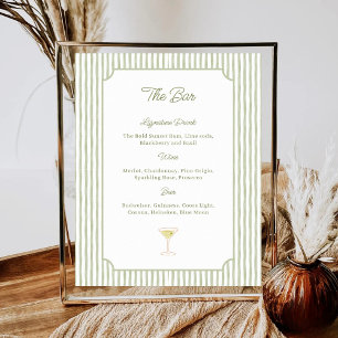 Póster Menú de barra de boda con rayas verdes de acuarela