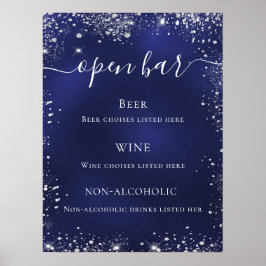 Póster Menú de barra de boda de azul marino con brillo de