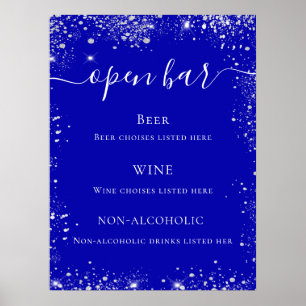 Póster Menú de barra de boda de azul real con brillo de p