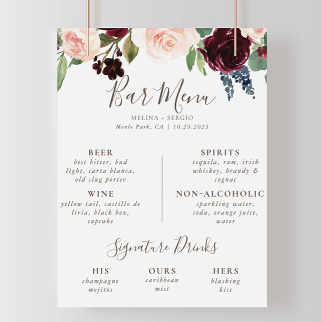 Póster Menú de barra de boda de flores clásicas elegantes (Subido por el creador)