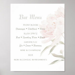 Póster Menú de barra de boda de peonía de rubor suave