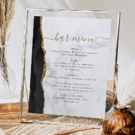Póster Menú de barra de boda mármol ágata negro oro