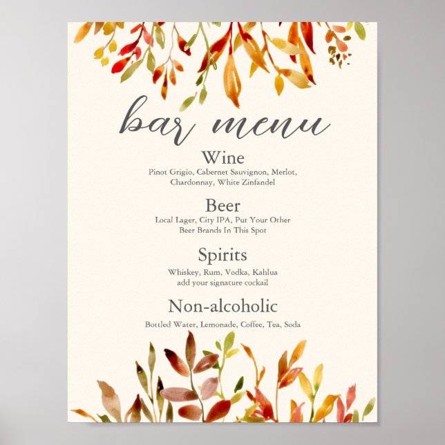 Póster Menú de barra de boda otoñal elegante personalizad (Frente)