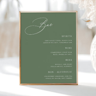 Póster Menú de barra de Boda verde simple