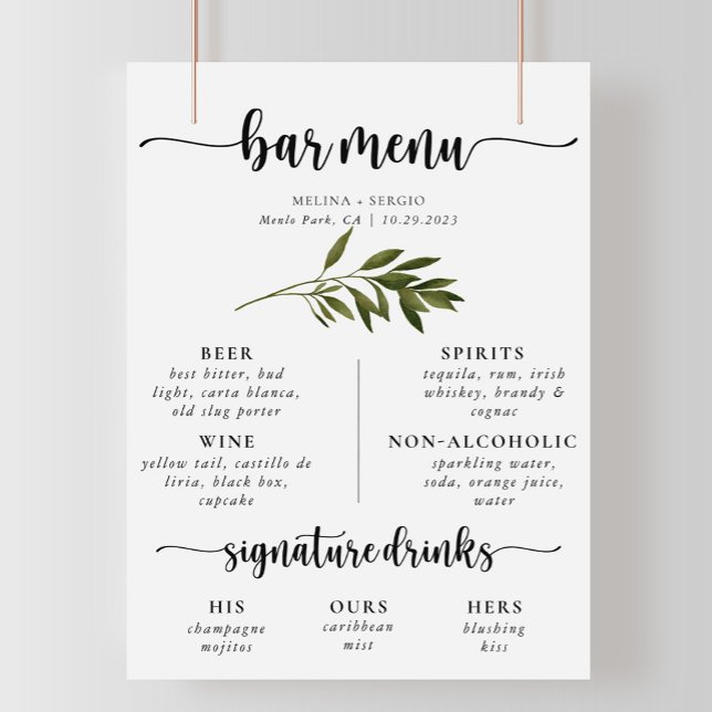 Póster Menú de barra de bodas de hojas verdes botánicas (Subido por el creador)