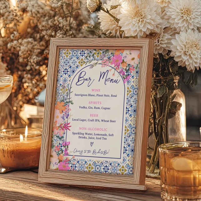 Póster Menú de barra de flores rosada de mosaico mediterr (Mediterranean Tile Pink Floral Bar Menu Poster)