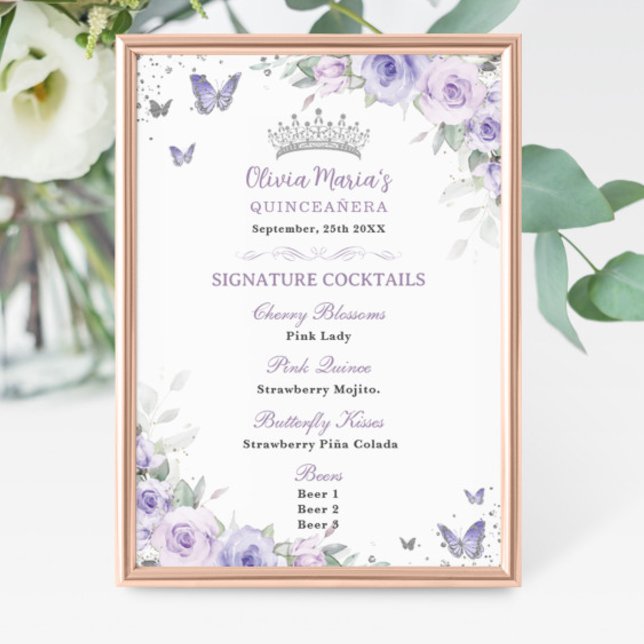 Póster Menú de barra Quinceañera Floral Plata de Lavanda  (Subido por el creador)